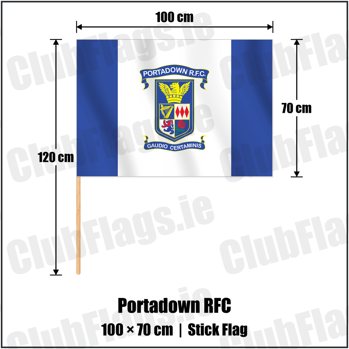 Portadown RFC 70cm x 100cm Stick Flag with the club crest and colours, Armagh Rugby - ClubFlags.ie