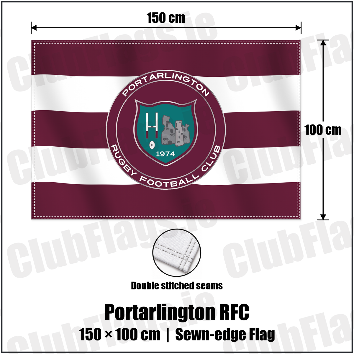 Portarlington RFC 100cm x 150cm Flag (sewn on the edges) with the club crest and colours, Laois Rugby - ClubFlags.ie