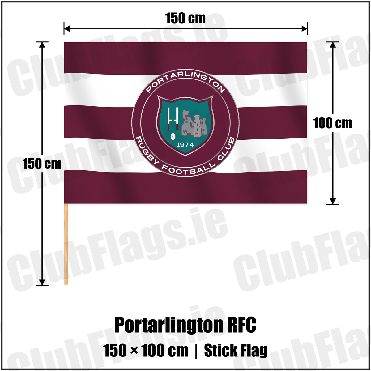 Portarlington RFC 100cm x 150cm Stick Flag with the club crest and colours, Laois Rugby - ClubFlags.ie