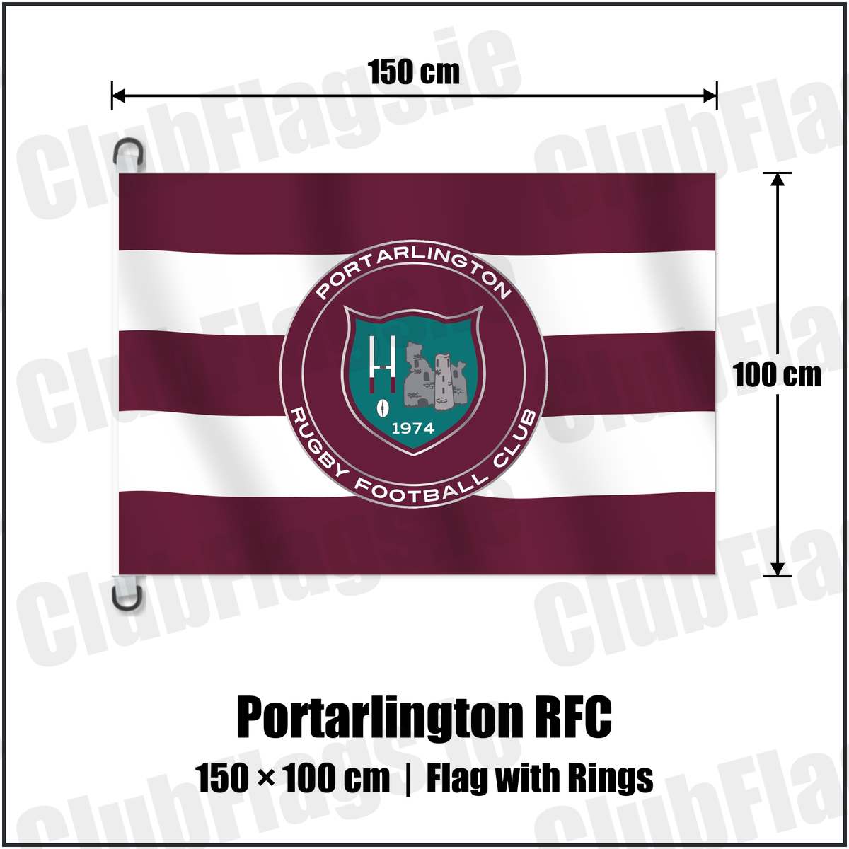 Portarlington RFC 150cm x 100cm Flag Pole Flag with Rings with the club crest and colours, Laois Rugby - ClubFlags.ie