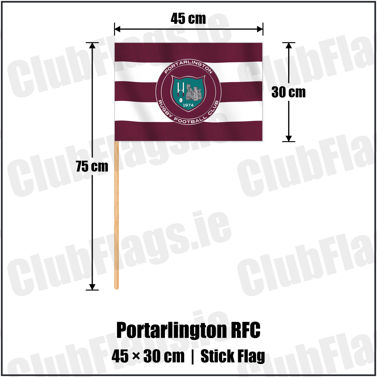 Portarlington RFC 30cm x 45cm Stick Flag with the club crest and colours, Laois Rugby - ClubFlags.ie