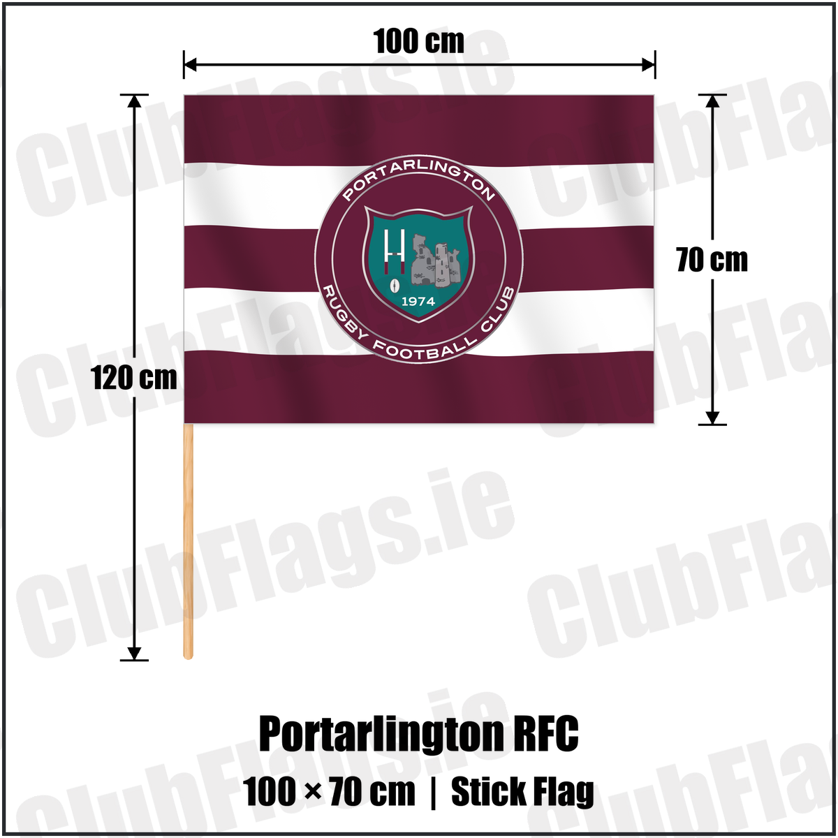 Portarlington RFC 70cm x 100cm Stick Flag with the club crest and colours, Laois Rugby - ClubFlags.ie