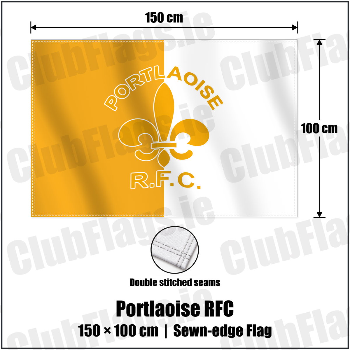 Portlaoise RFC 100cm x 150cm Flag (sewn on the edges) with the verified club crest and colours, Laois Rugby - ClubFlags.ie