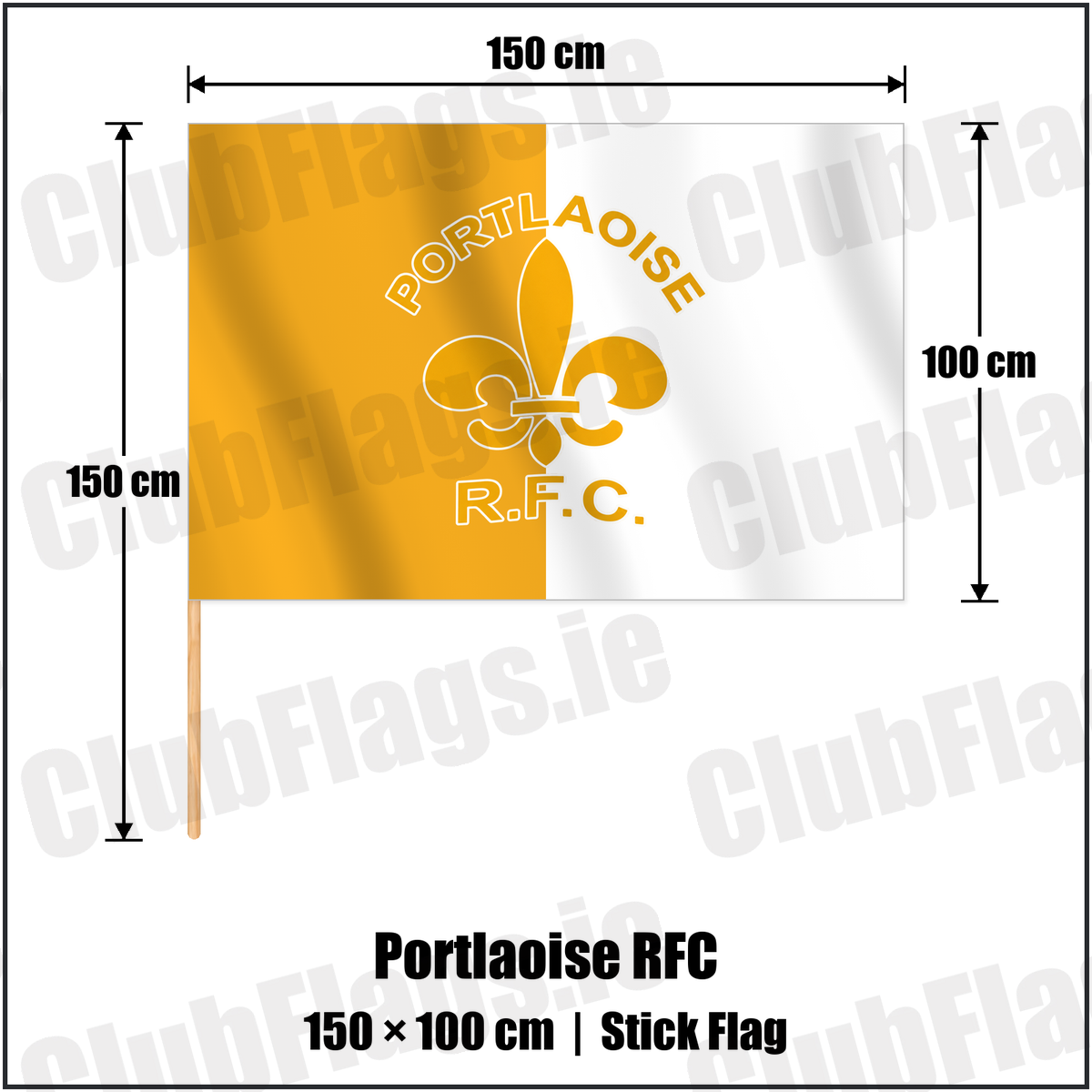 Portlaoise RFC 100cm x 150cm Stick Flag with the verified club crest and colours, Laois Rugby - ClubFlags.ie