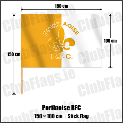 Portlaoise RFC 100cm x 150cm Stick Flag with the verified club crest and colours, Laois Rugby - ClubFlags.ie