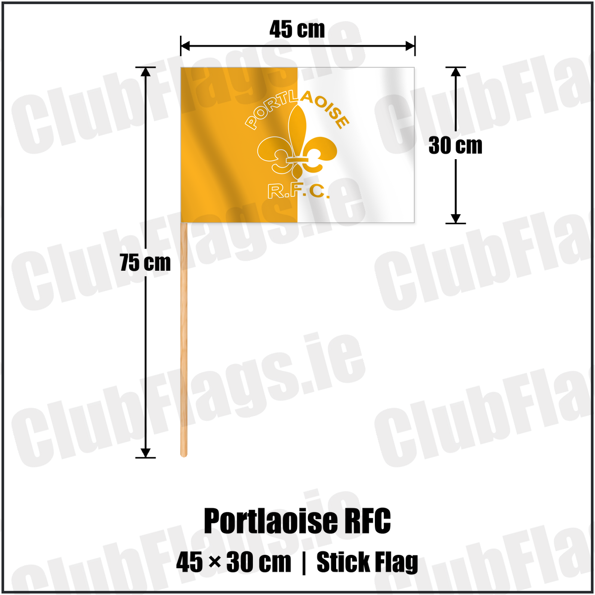 Portlaoise RFC 30cm x 45cm Stick Flag with the verified club crest and colours, Laois Rugby - ClubFlags.ie