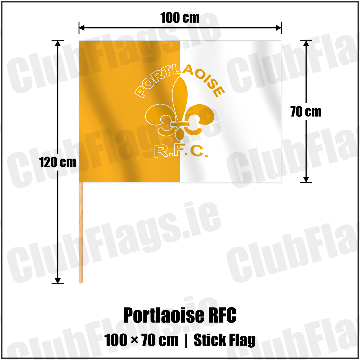 Portlaoise RFC 70cm x 100cm Stick Flag with the verified club crest and colours, Laois Rugby - ClubFlags.ie