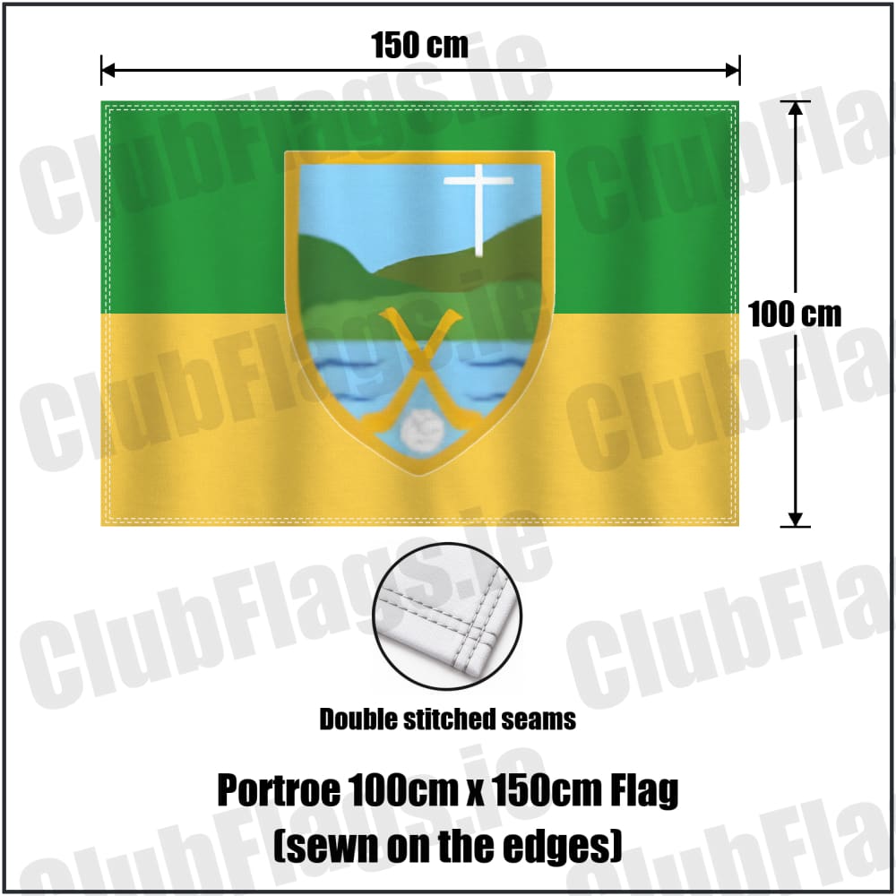 Portroe 100cm x 150cm Flag (sewn on the edges) in green and gold, featuring the club crest on realistic fabric with gentle vertical folds; County Tipperary GAA. ClubFlags.ie.