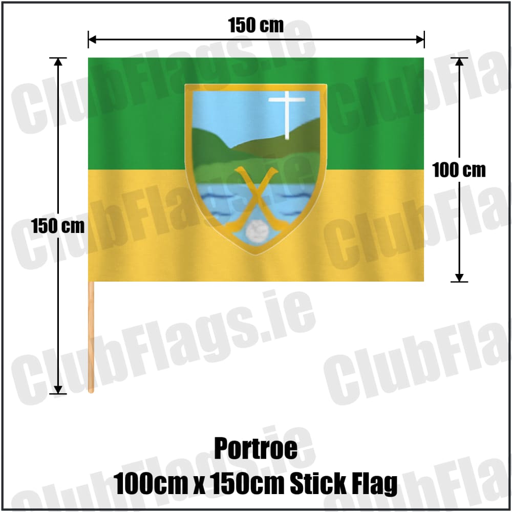 Portroe 100cm x 150cm Stick Flag in green and gold, featuring the club crest on realistic fabric with gentle vertical folds; County Tipperary GAA. ClubFlags.ie.