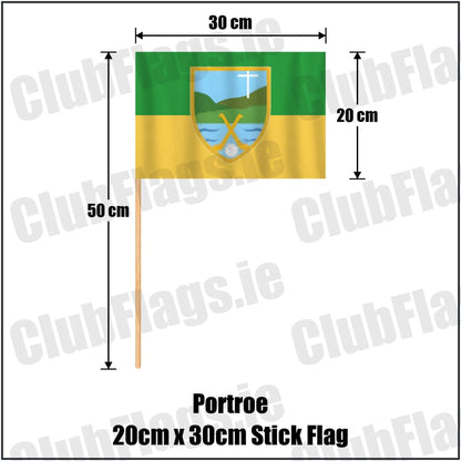 Portroe 20cm x 30cm Stick Flag in green and gold, featuring the club crest on realistic fabric with gentle vertical folds; County Tipperary GAA. ClubFlags.ie.
