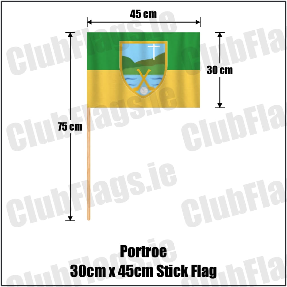 Portroe 30cm x 45cm Stick Flag in green and gold, featuring the club crest on realistic fabric with gentle vertical folds; County Tipperary GAA. ClubFlags.ie.