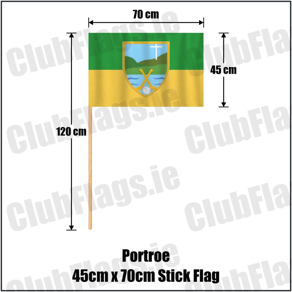 Portroe 45cm x 70cm Stick Flag in green and gold, featuring the club crest on realistic fabric with gentle vertical folds; County Tipperary GAA. ClubFlags.ie.