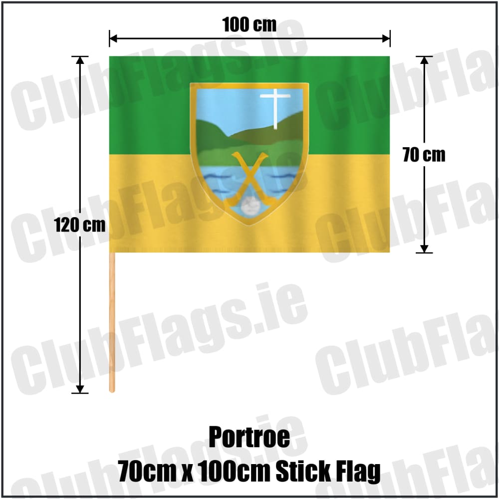 Portroe 70cm x 100cm Stick Flag in green and gold, featuring the club crest on realistic fabric with gentle vertical folds; County Tipperary GAA. ClubFlags.ie.
