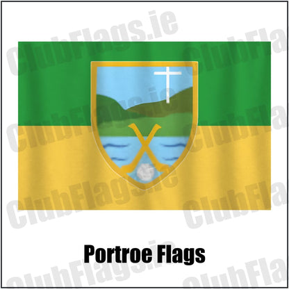 Portroe Flags in green and gold, featuring the club crest on realistic fabric with gentle vertical folds; County Tipperary GAA. ClubFlags.ie.