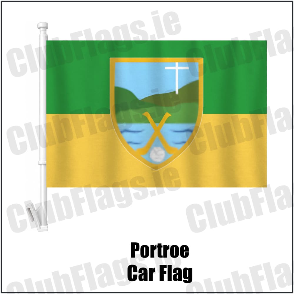 Portroe Car Flag in green and gold, featuring the club crest on realistic fabric with gentle vertical folds; County Tipperary GAA. ClubFlags.ie.
