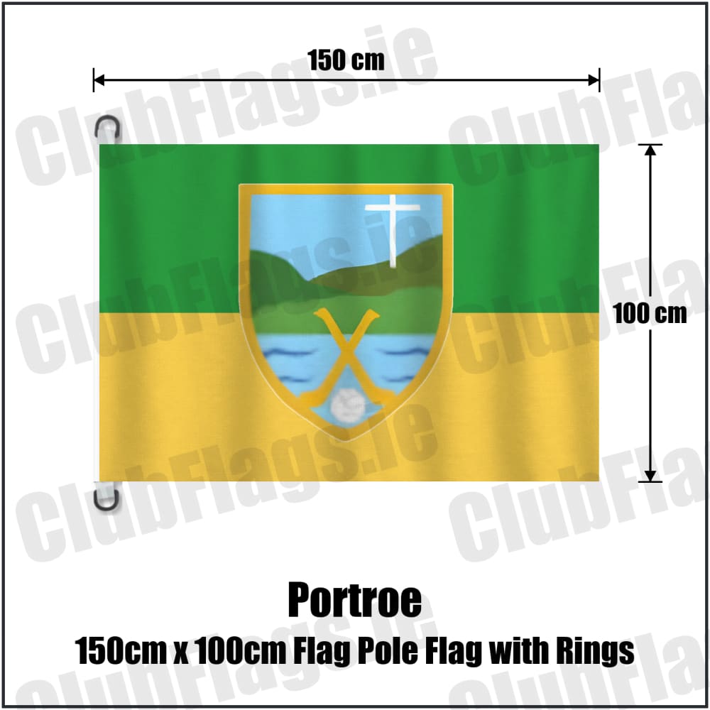 Portroe 150cm x 100cm Flag Pole Flag with Rings in green and gold, featuring the club crest on realistic fabric with gentle vertical folds; County Tipperary GAA. ClubFlags.ie.