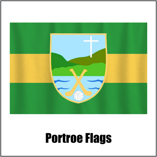 Portroe Flags, featuring the club crest and green and gold colours; County Tipperary GAA. ClubFlags.ie.