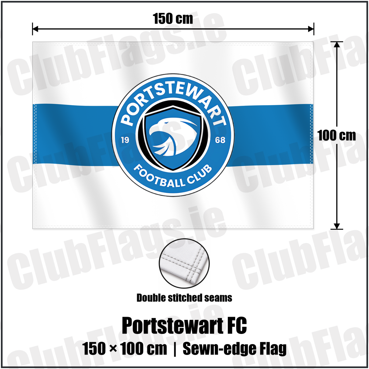 Portstewart FC 100cm x 150cm Flag (sewn on the edges) with the club crest and colours, Derry Football - ClubFlags.ie