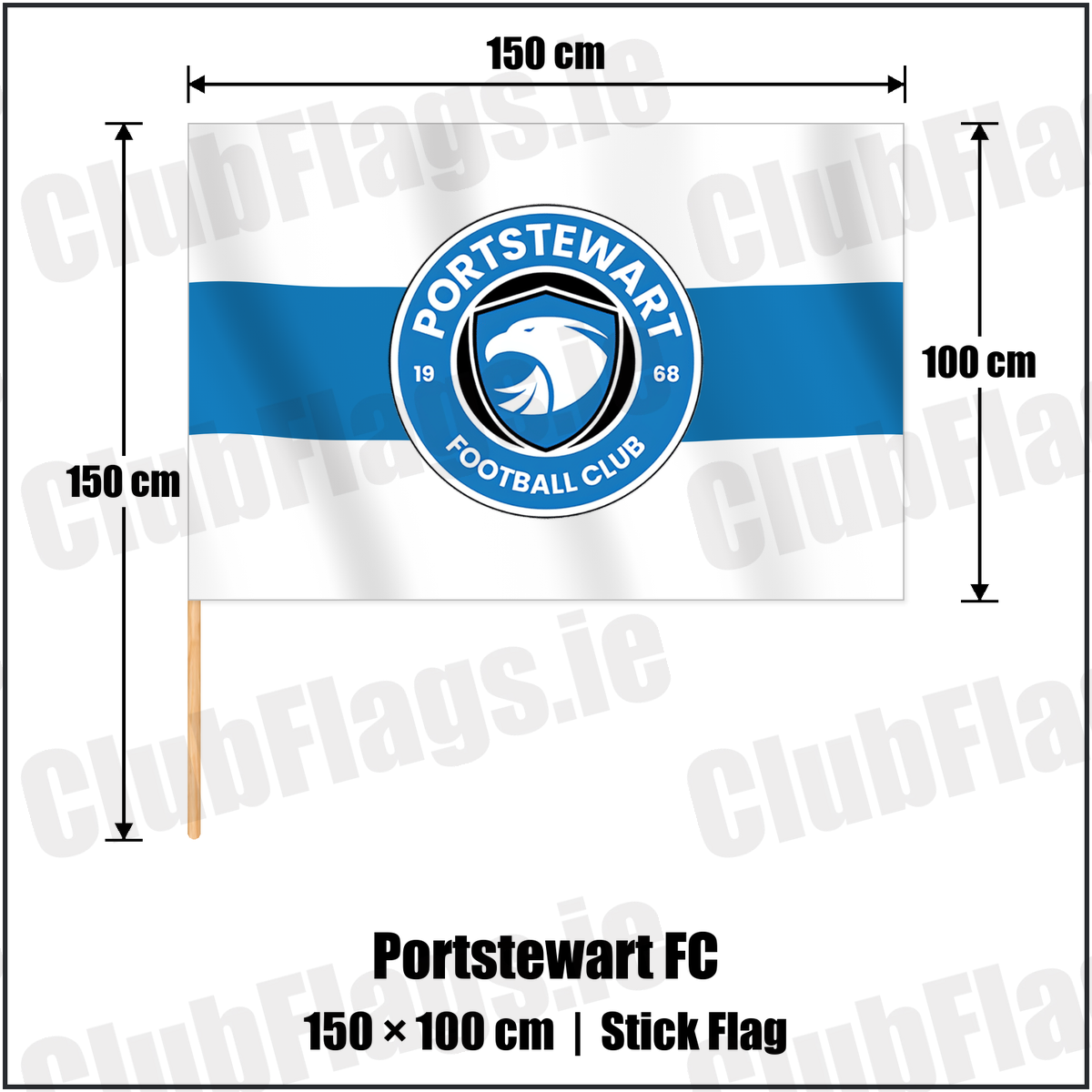 Portstewart FC 100cm x 150cm Stick Flag with the club crest and colours, Derry Football - ClubFlags.ie