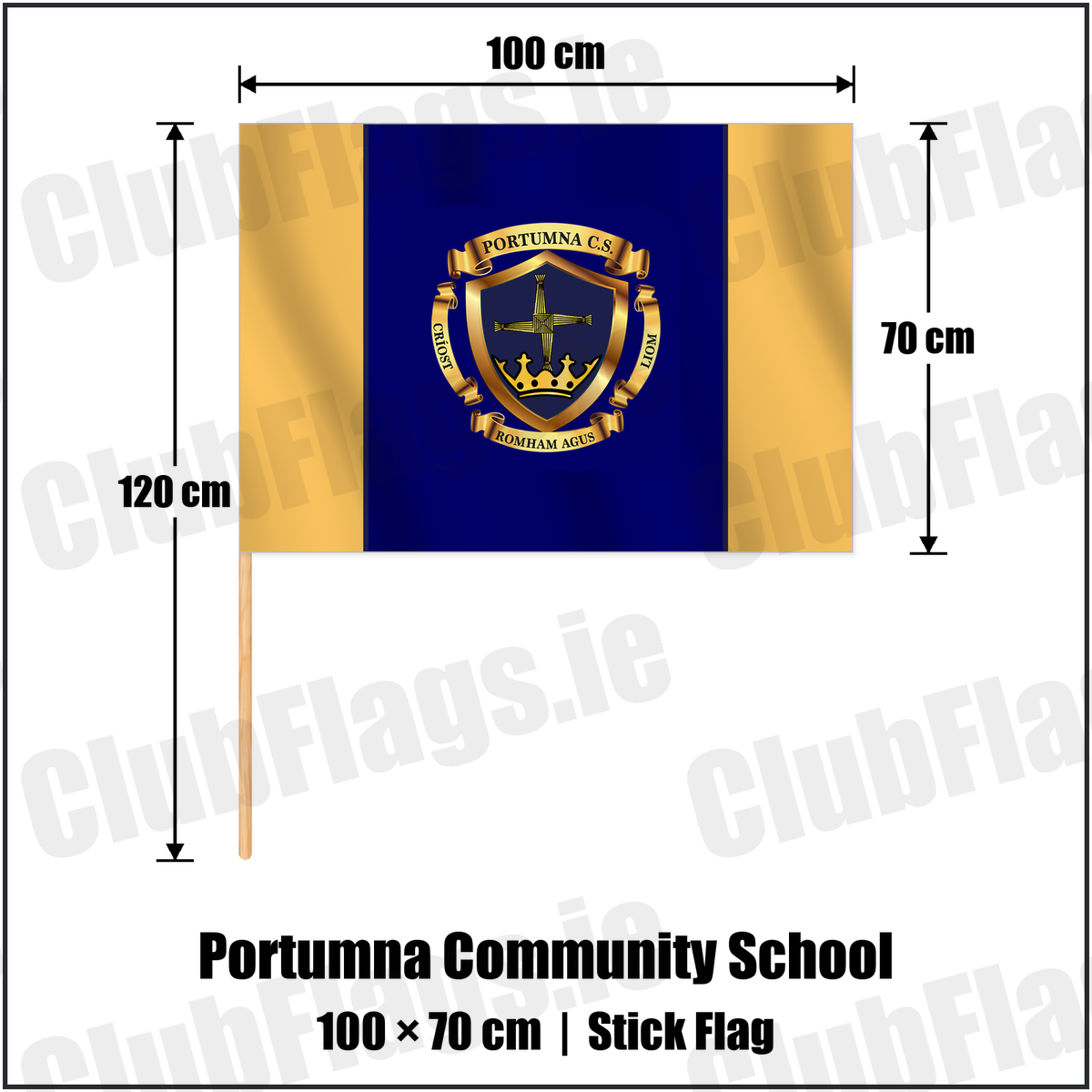 Portumna Community School 70cm x 100cm Stick Flag with the club crest and colours, Galway GAA - ClubFlags.ie