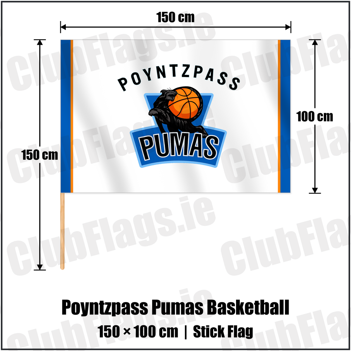 Poyntzpass Pumas Basketball 100cm x 150cm Stick Flag with the verified club crest and colours, Armagh Basketball - ClubFlags.ie