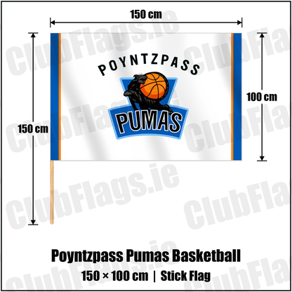 Poyntzpass Pumas Basketball 100cm x 150cm Stick Flag with the verified club crest and colours, Armagh Basketball - ClubFlags.ie