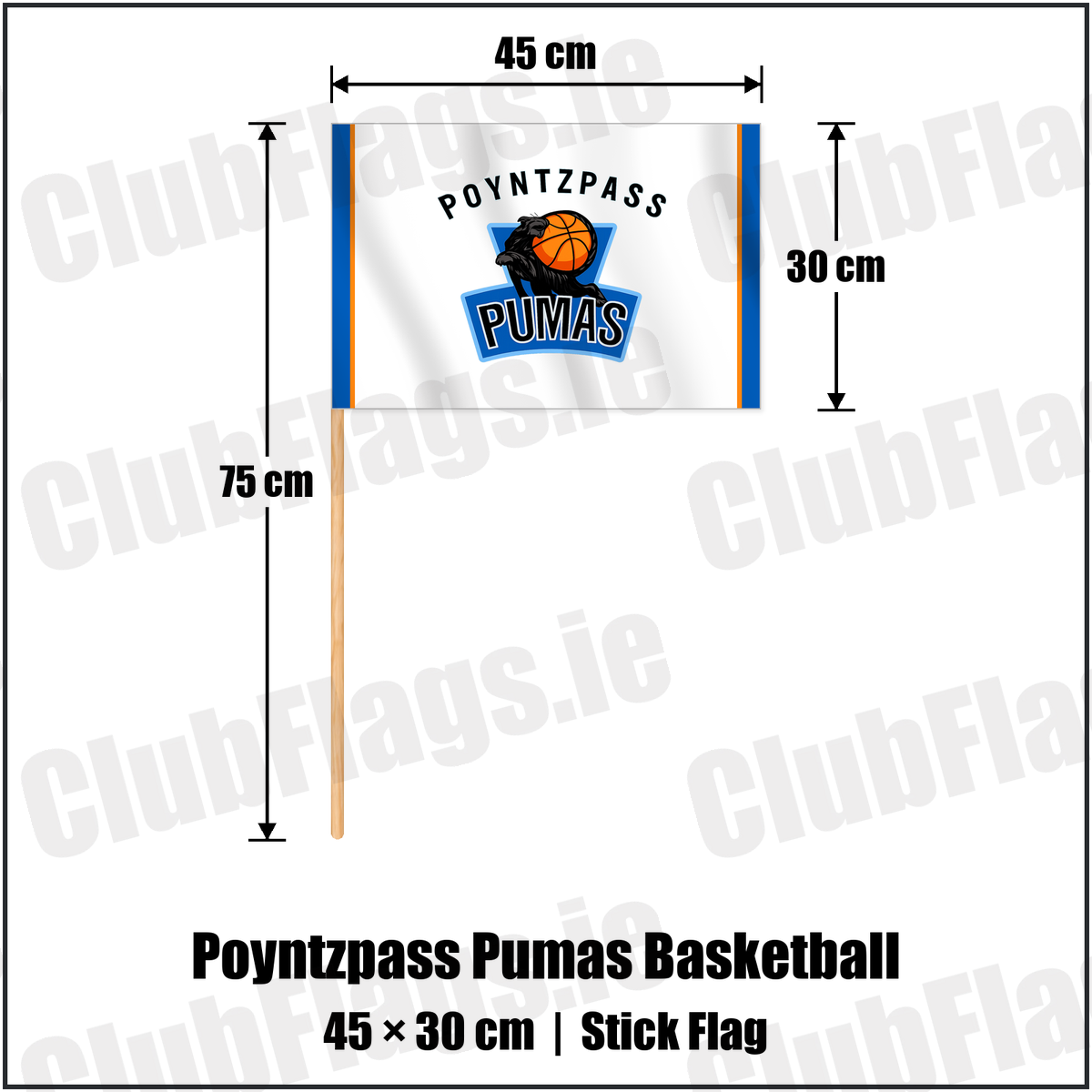 Poyntzpass Pumas Basketball 30cm x 45cm Stick Flag with the verified club crest and colours, Armagh Basketball - ClubFlags.ie