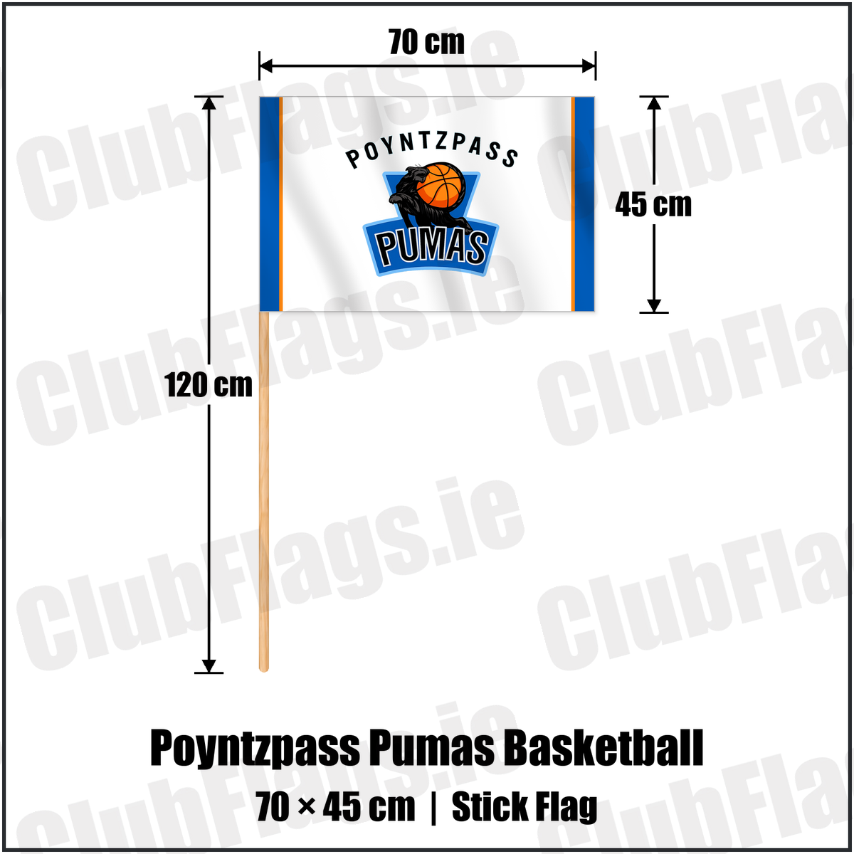 Poyntzpass Pumas Basketball 45cm x 70cm Stick Flag with the verified club crest and colours, Armagh Basketball - ClubFlags.ie