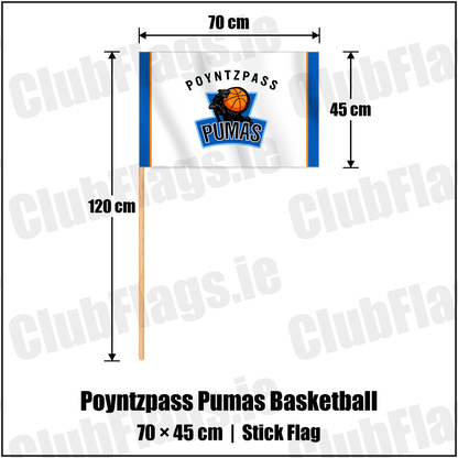 Poyntzpass Pumas Basketball 45cm x 70cm Stick Flag with the verified club crest and colours, Armagh Basketball - ClubFlags.ie