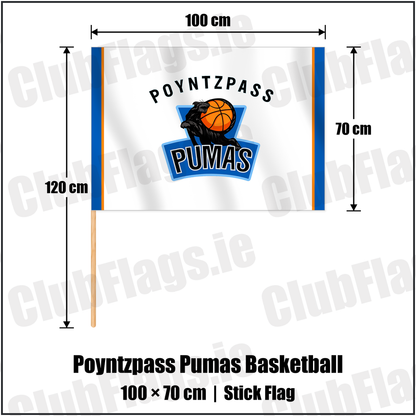 Poyntzpass Pumas Basketball 70cm x 100cm Stick Flag with the verified club crest and colours, Armagh Basketball - ClubFlags.ie