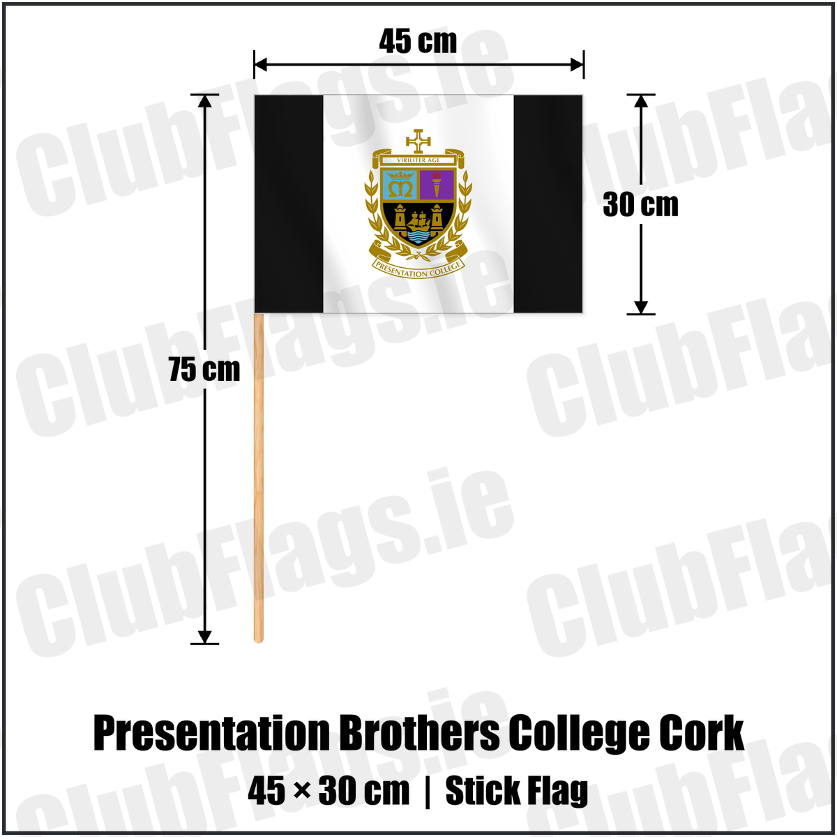 Presentation Brothers College Cork 30cm x 45cm Stick Flag with the club crest and colours, Cork Rugby - ClubFlags.ie