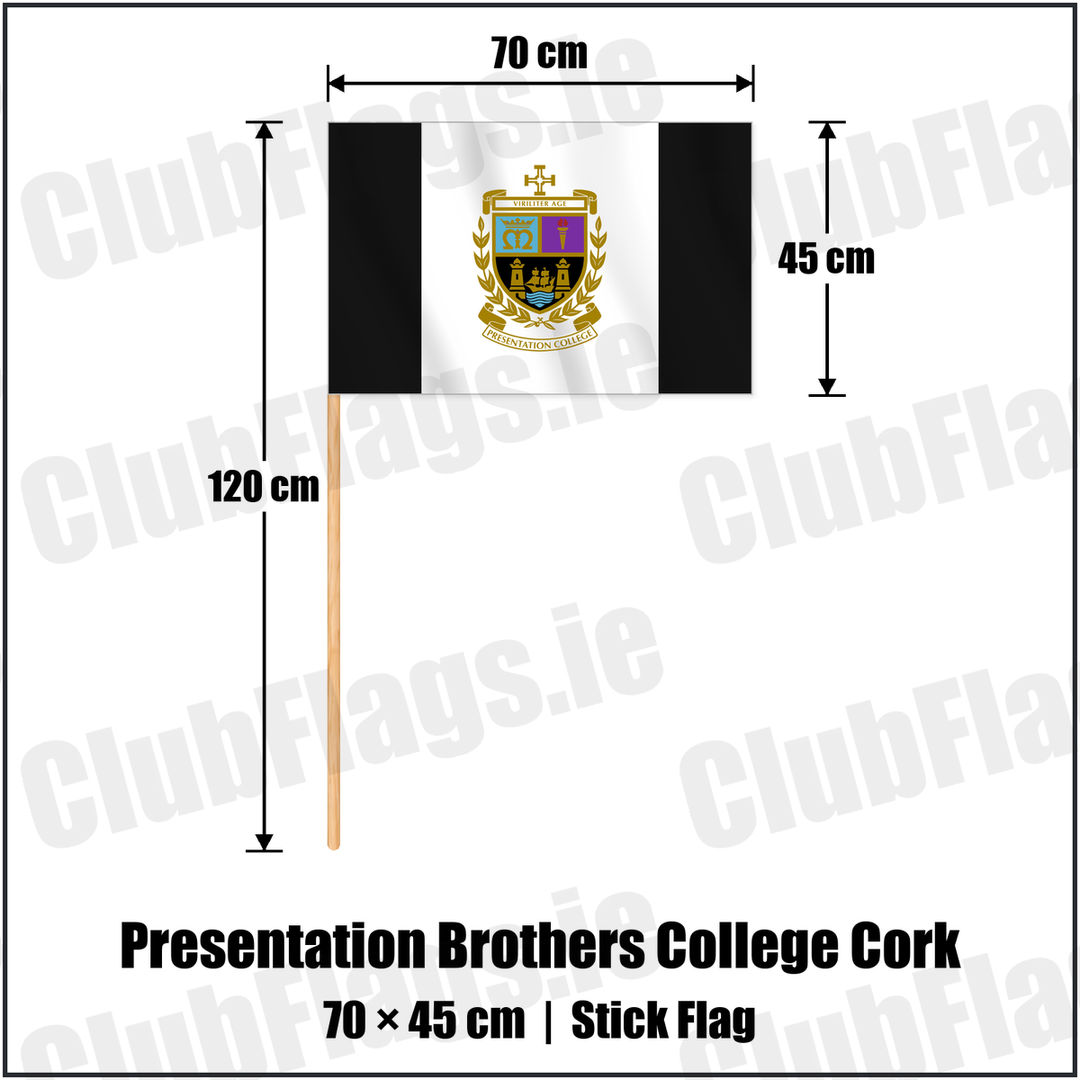 Presentation Brothers College Cork 45cm x 70cm Stick Flag with the club crest and colours, Cork Rugby - ClubFlags.ie