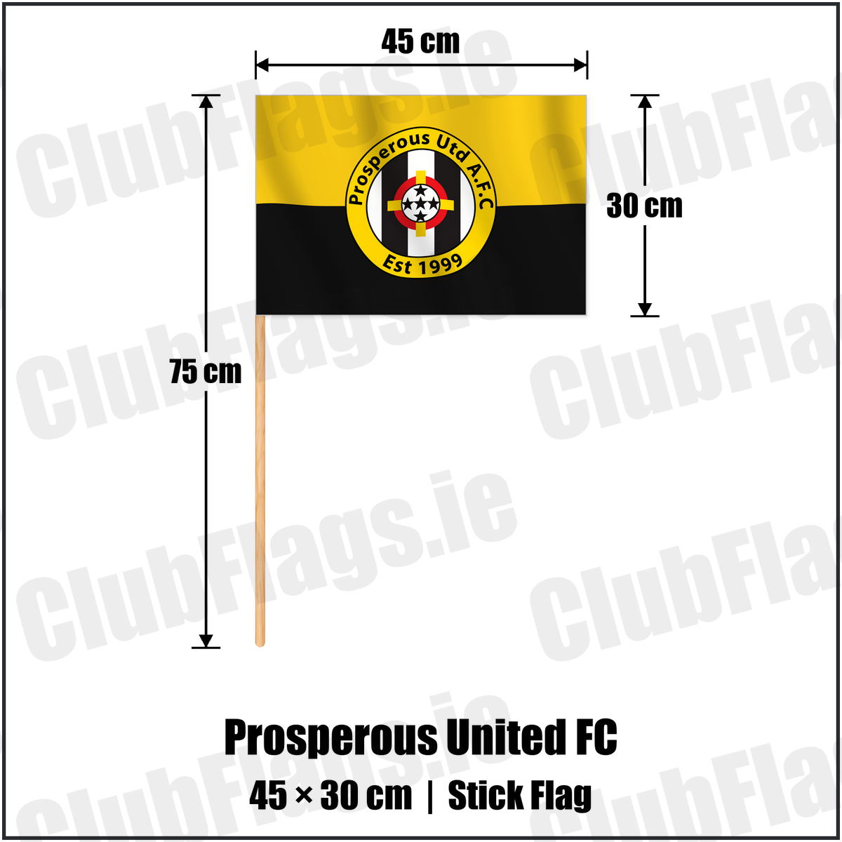 Prosperous United FC 30cm x 45cm Stick Flag with the verified club crest and colours, Kildare Football - ClubFlags.ie
