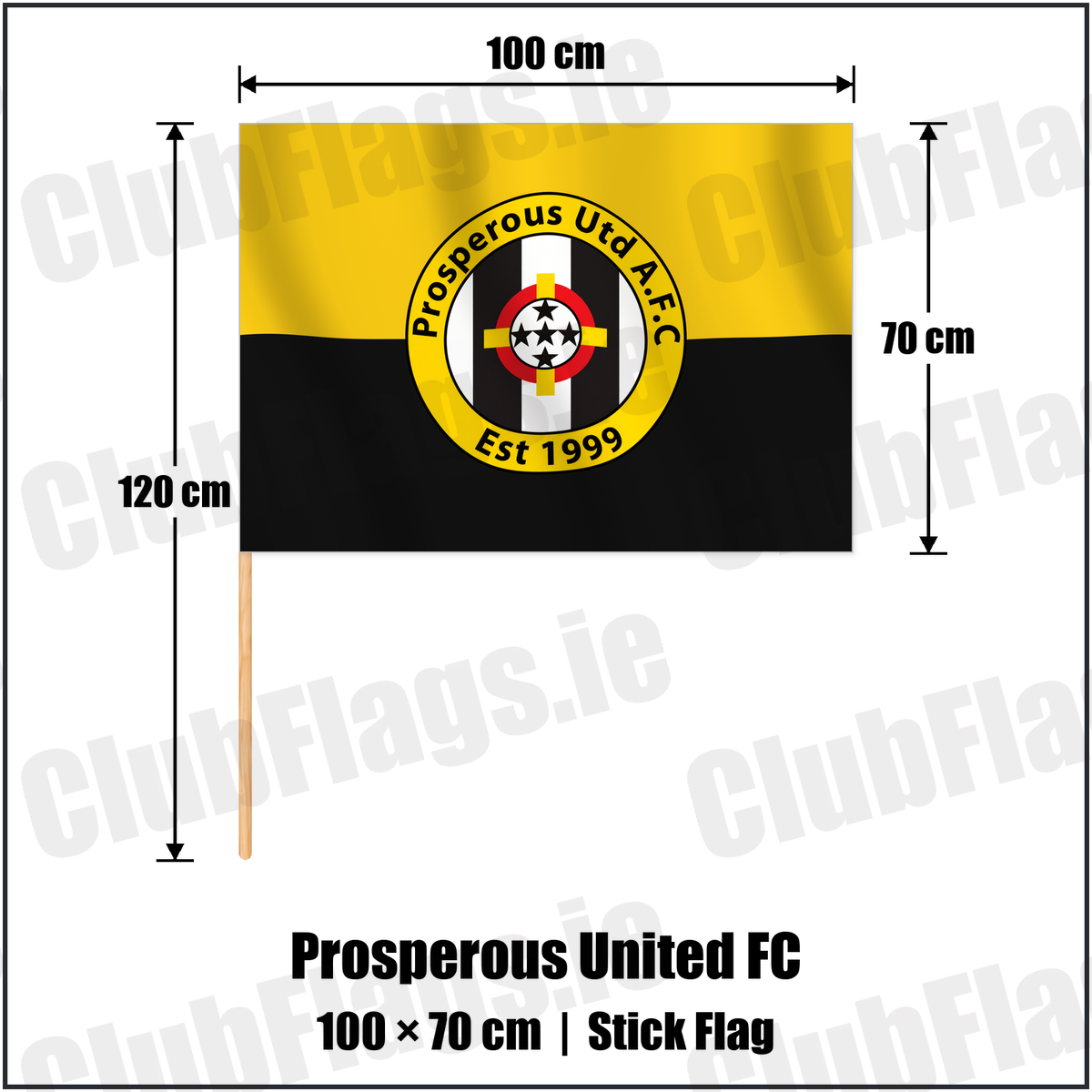 Prosperous United FC 70cm x 100cm Stick Flag with the verified club crest and colours, Kildare Football - ClubFlags.ie
