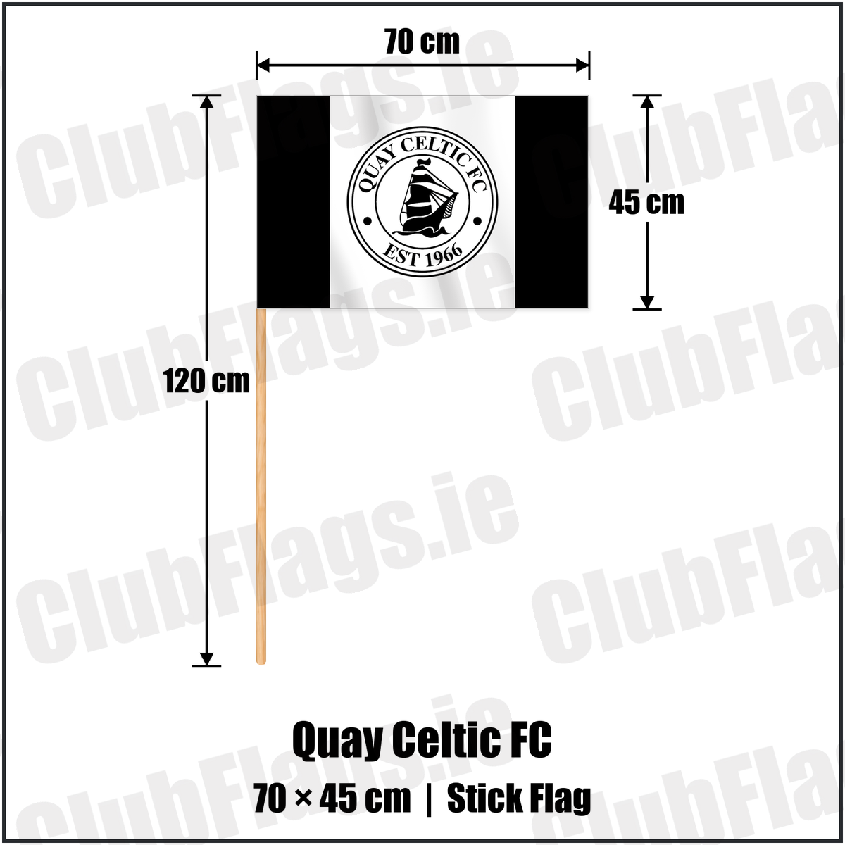 Quay Celtic FC 45cm x 70cm Stick Flag with the club crest and colours, Louth Football - ClubFlags.ie