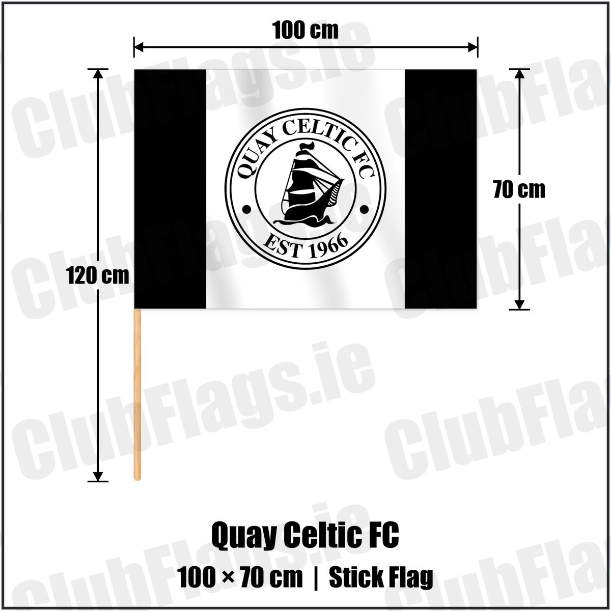 Quay Celtic FC 70cm x 100cm Stick Flag with the club crest and colours, Louth Football - ClubFlags.ie