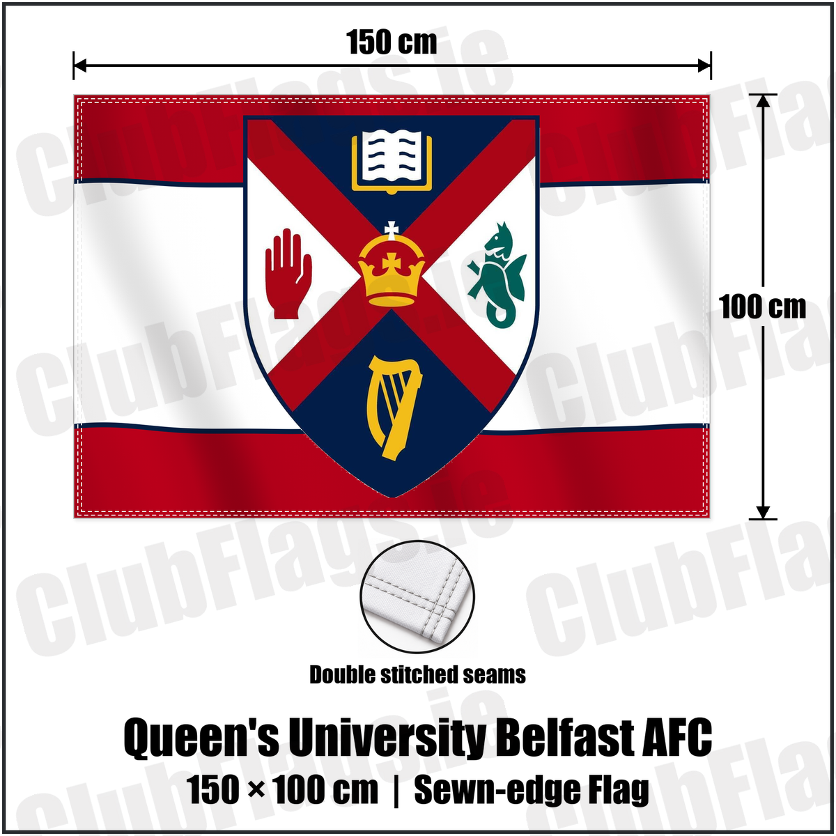 Queen's University Belfast AFC 100cm x 150cm Flag (sewn on the edges) with the club crest and colours, Antrim Football - ClubFlags.ie