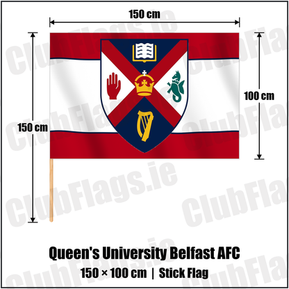 Queen's University Belfast AFC 100cm x 150cm Stick Flag with the club crest and colours, Antrim Football - ClubFlags.ie