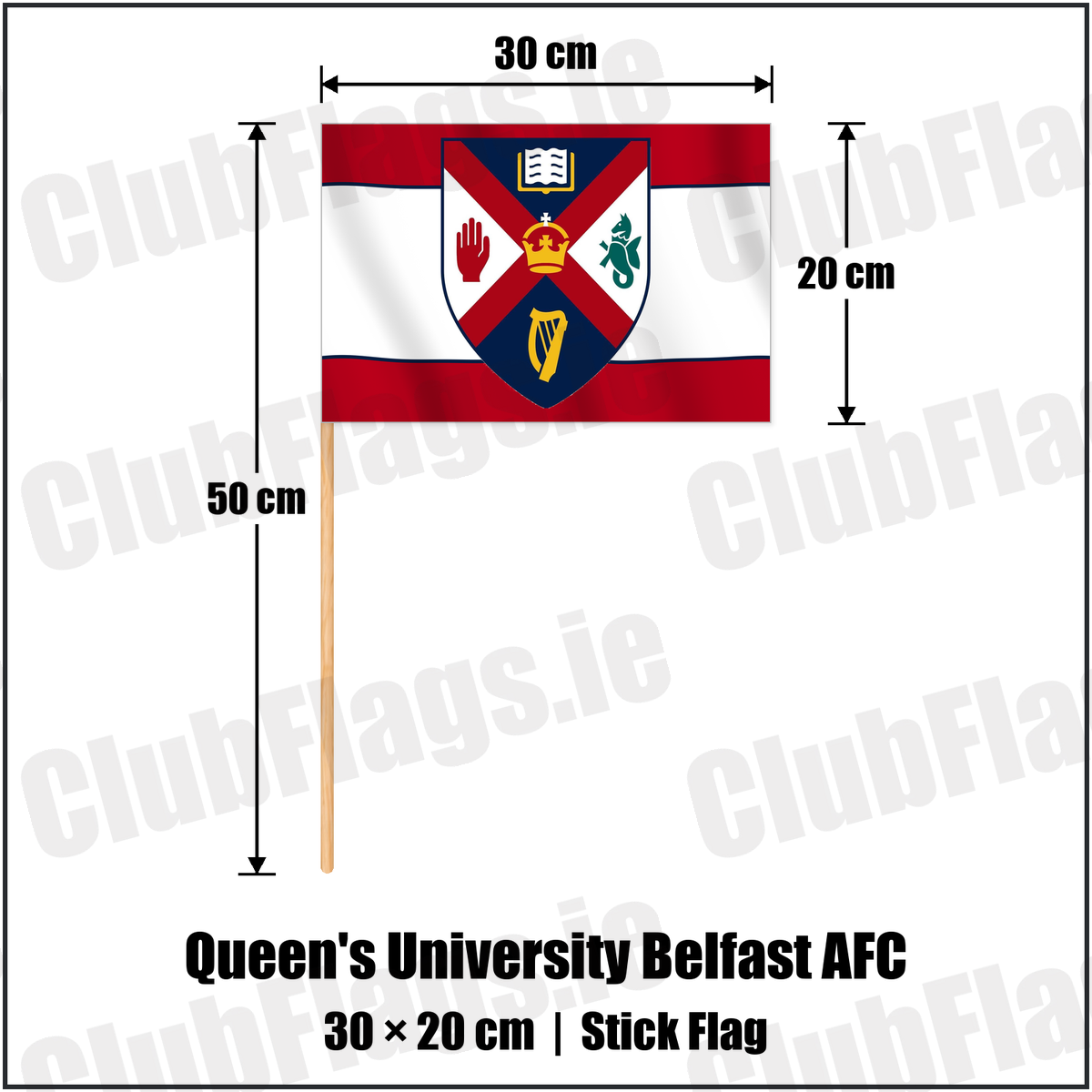 Queen's University Belfast AFC 20cm x 30cm Stick Flag with the club crest and colours, Antrim Football - ClubFlags.ie