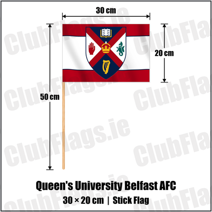 Queen's University Belfast AFC 20cm x 30cm Stick Flag with the club crest and colours, Antrim Football - ClubFlags.ie