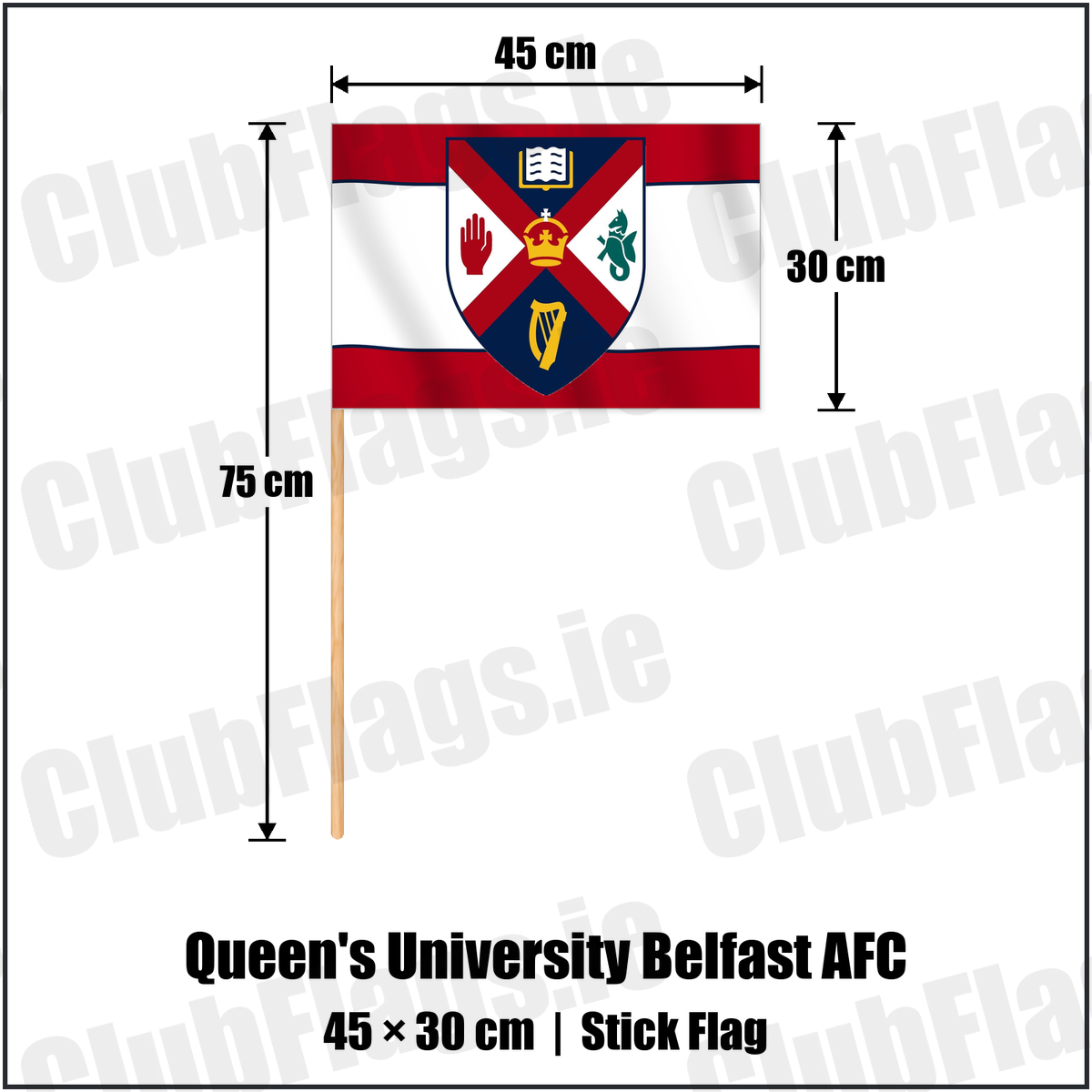 Queen's University Belfast AFC 30cm x 45cm Stick Flag with the club crest and colours, Antrim Football - ClubFlags.ie