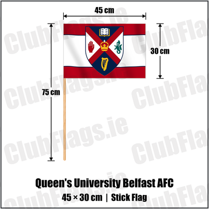 Queen's University Belfast AFC 30cm x 45cm Stick Flag with the club crest and colours, Antrim Football - ClubFlags.ie