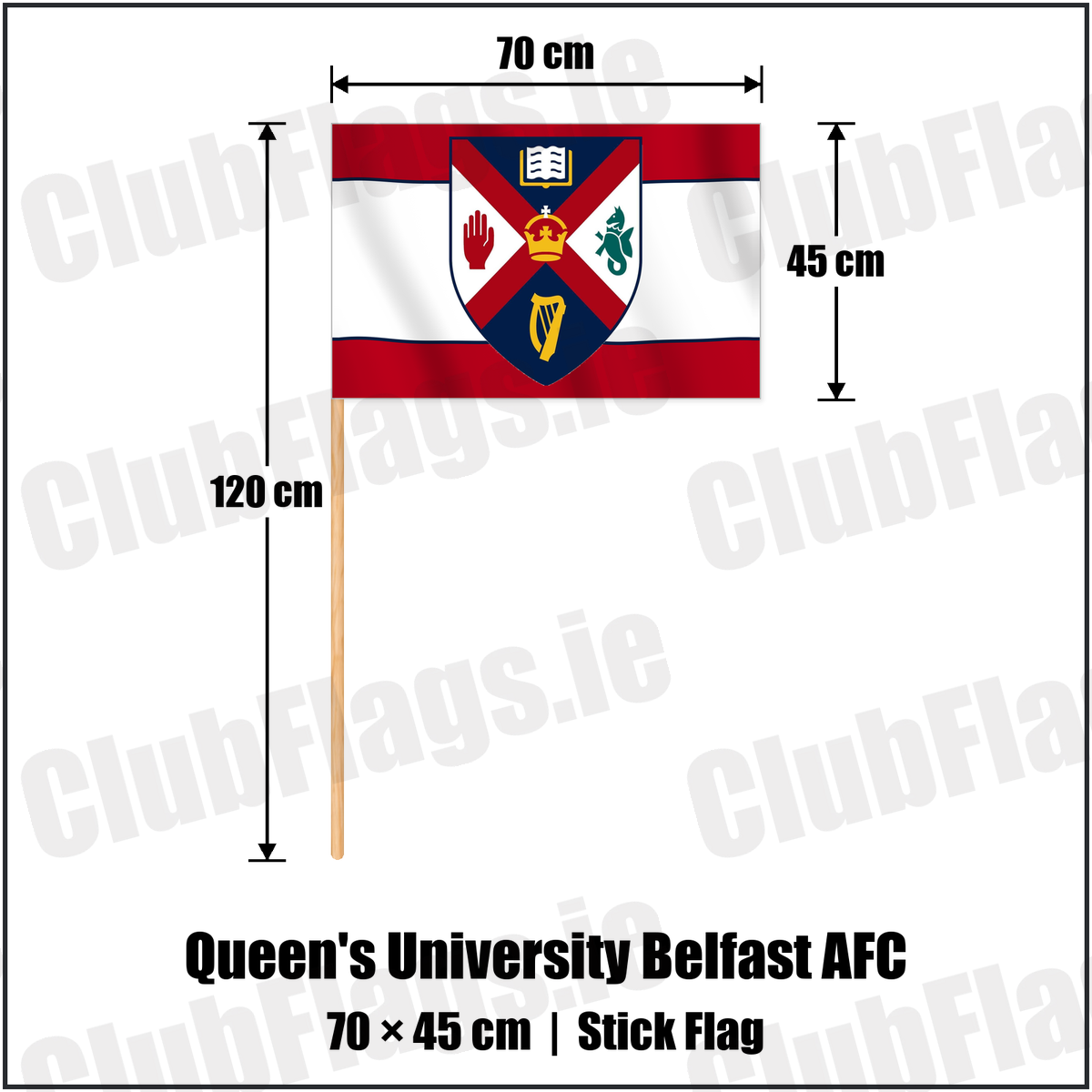 Queen's University Belfast AFC 45cm x 70cm Stick Flag with the club crest and colours, Antrim Football - ClubFlags.ie
