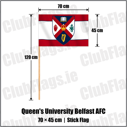 Queen's University Belfast AFC 45cm x 70cm Stick Flag with the club crest and colours, Antrim Football - ClubFlags.ie
