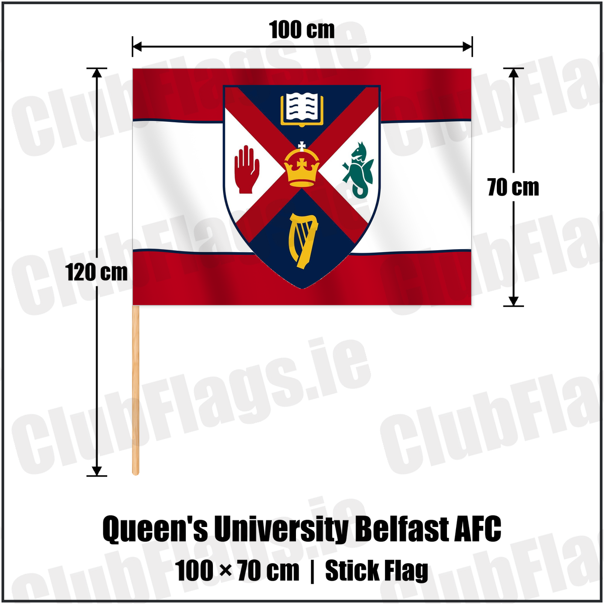 Queen's University Belfast AFC 70cm x 100cm Stick Flag with the club crest and colours, Antrim Football - ClubFlags.ie