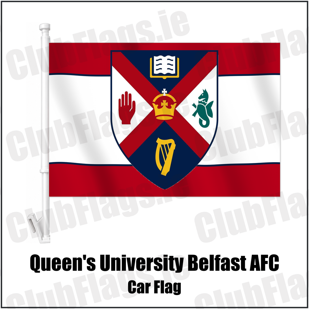 Queen's University Belfast AFC Car Flag with the club crest and colours, Antrim Football - ClubFlags.ie