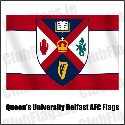 Queen's University Belfast AFC Flags with the club crest and colours, Antrim Football - ClubFlags.ie