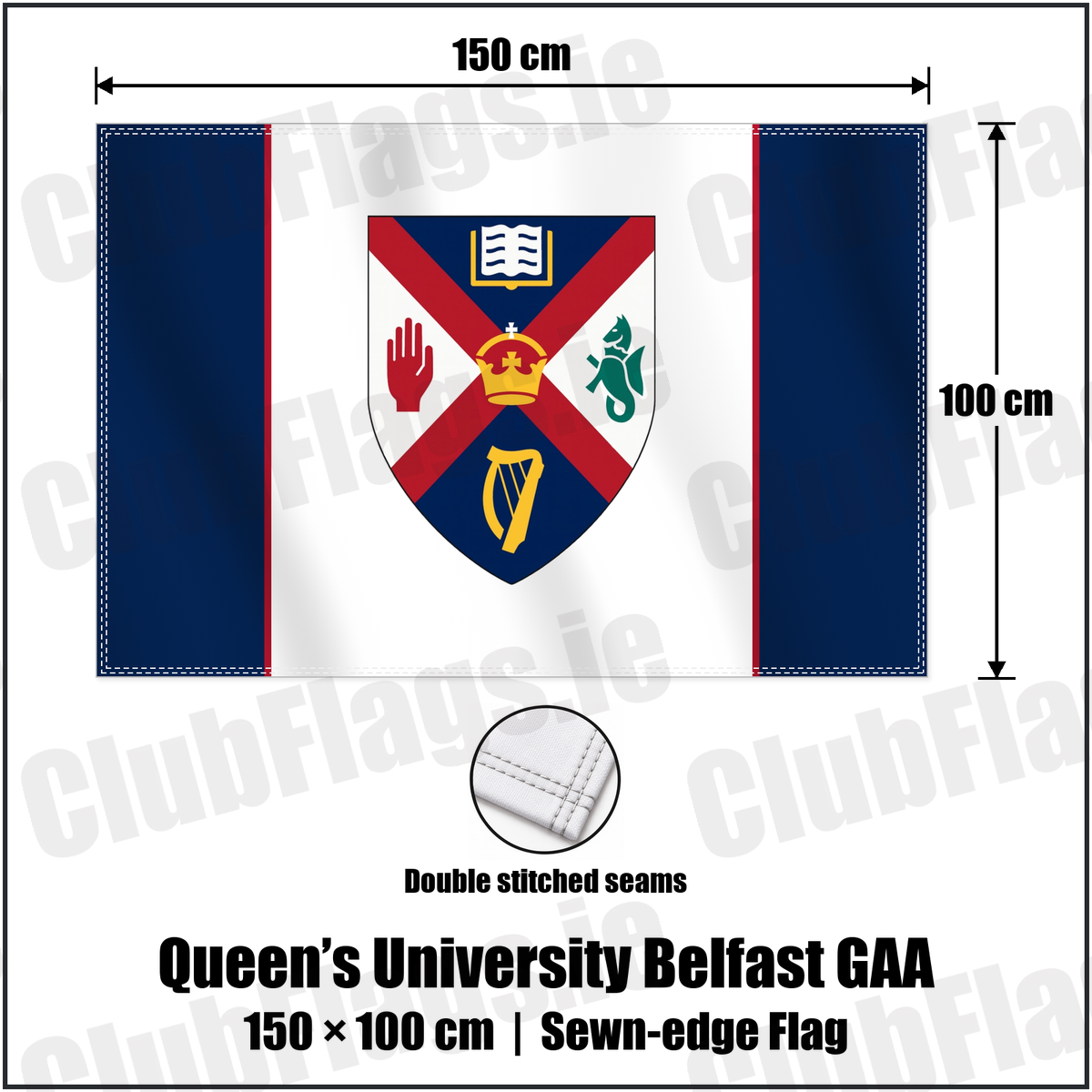 Queen’s University Belfast GAA 100cm x 150cm Flag (sewn on the edges) with the club crest and colours, Antrim GAA - ClubFlags.ie