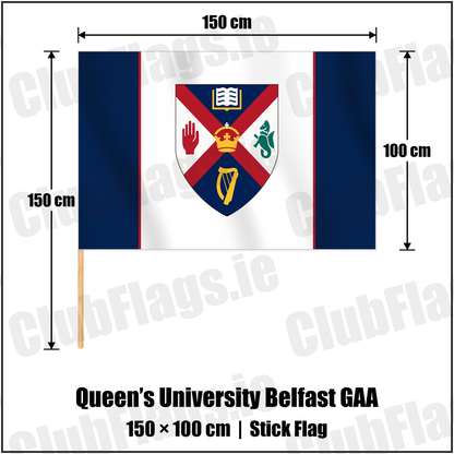 Queen’s University Belfast GAA 100cm x 150cm Stick Flag with the club crest and colours, Antrim GAA - ClubFlags.ie