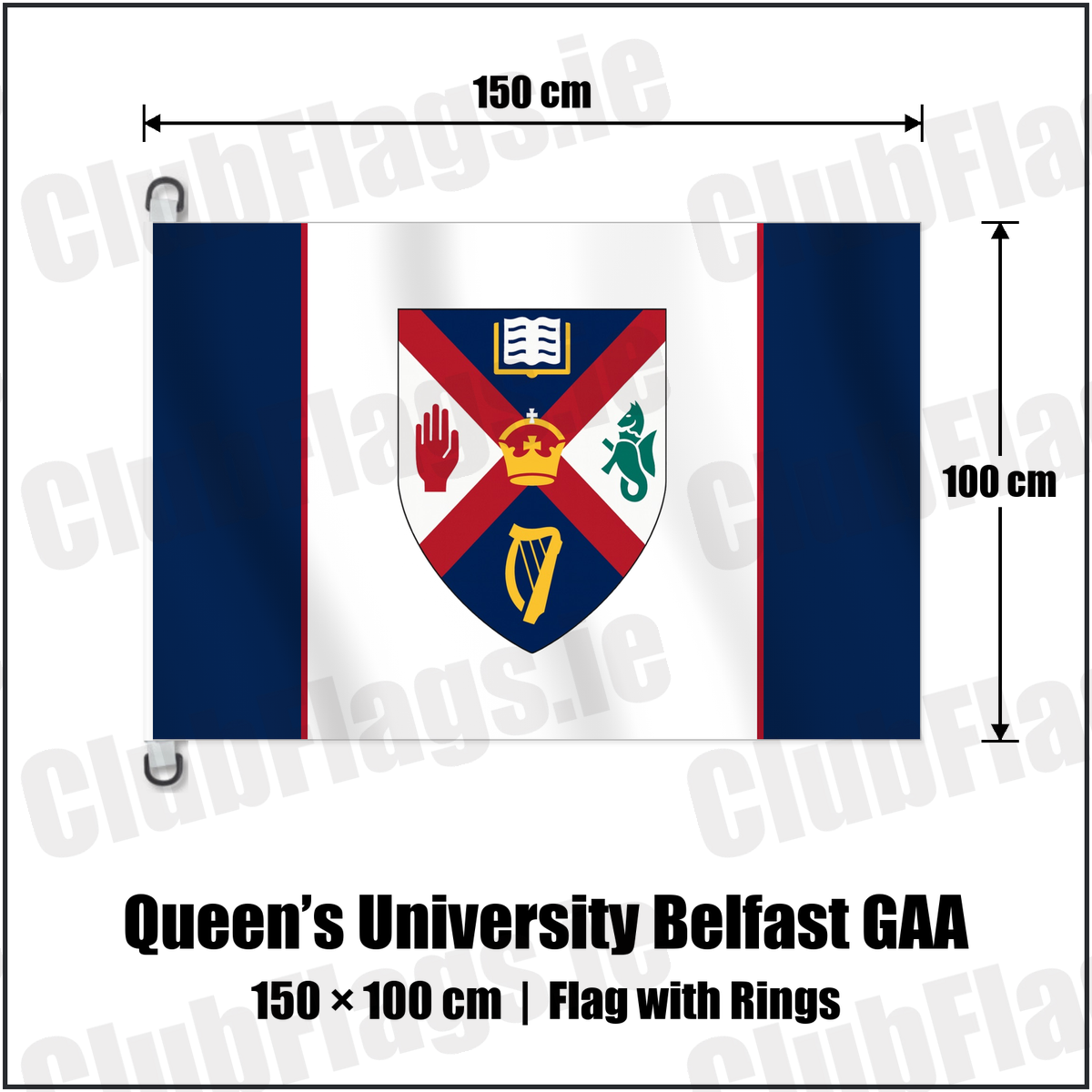 Queen’s University Belfast GAA 150cm x 100cm Flag Pole Flag with Rings with the club crest and colours, Antrim GAA - ClubFlags.ie